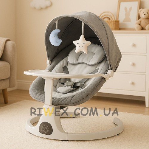 Убаюкивающий шезлонг 2в1 со столешницей, управление через APP и пульт, от рождения, Серо-белый (509)