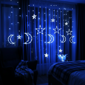 Світлодіодна святкова гірлянда-штора з фігурами Зірок та Місяця  2.5×1 м, 220V MA139 Blue, Синій (ARSH)