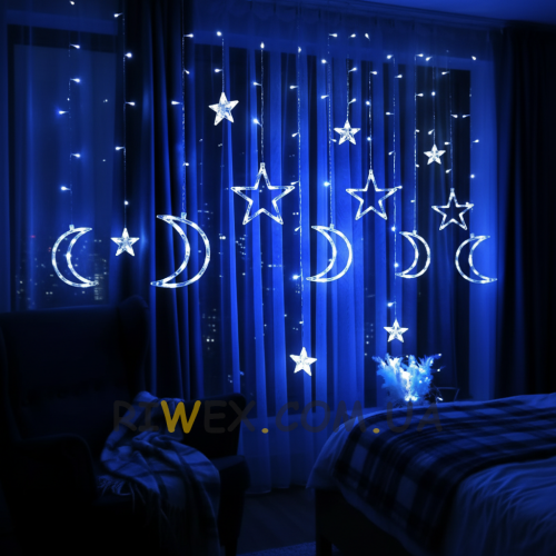 Світлодіодна святкова гірлянда-штора з фігурами Зірок та Місяця  2.5×1 м, 220V MA139 Blue, Синій (ARSH)