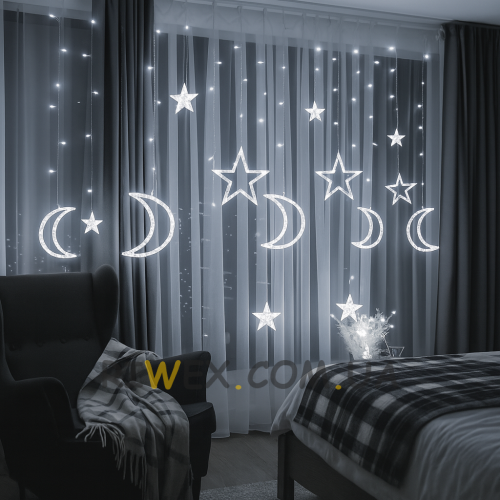 Світлодіодна святкова гірлянда-штора з фігурами Зірок та Місяця  2.5×1 м, 220V MA139 white, Білий (ARSH)