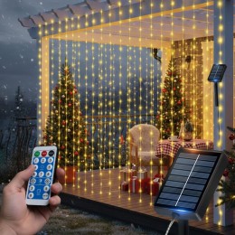 Світлодіодна декоративна гірлянда-штора LU997 180LED із сонячною батареєю та пультом 3×2 м, Теплий білий (ARSH)