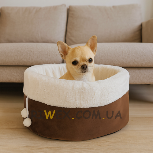 М'яка лежанка будиночок з іграшкою для кішок і собак L 57 х 33 см кругла ліжечко для тварин Коричневий (626)