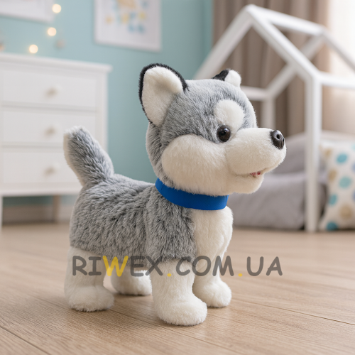 Детская мягкая интерактивная игрушка собачка на поводке (ходит, лает, поет, двигает язычком) «Хаски» 30см (AX)