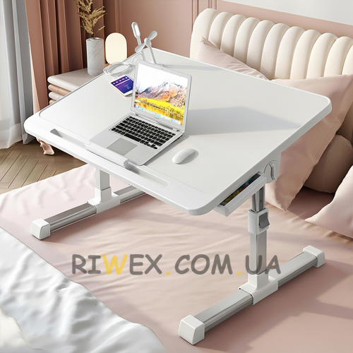 Портативний столик для ліжка  AM-2013  60×40 см: регульований з шухлядою USB-портами вентилятором, білий (AMN)