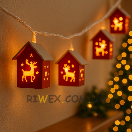 Светодиодная гирлянда Красные домики от USB 3 м 20 светодиодов, Теплое белое свечение (ARSH)