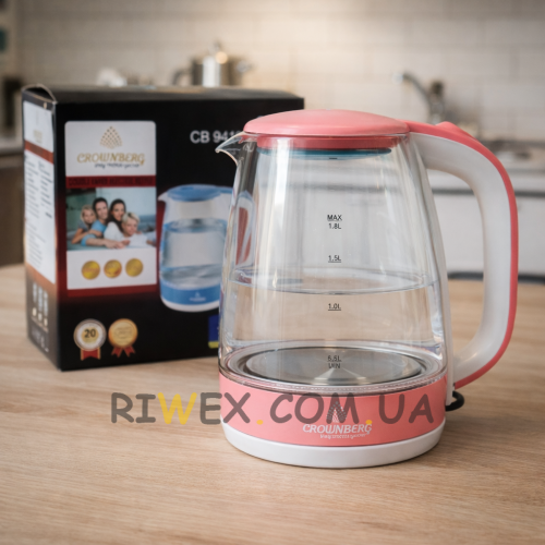 Електричний скляний прозорий чайник з підсвічуванням Crownberg CB-9410 2200 Вт 1,7 л Рожевий