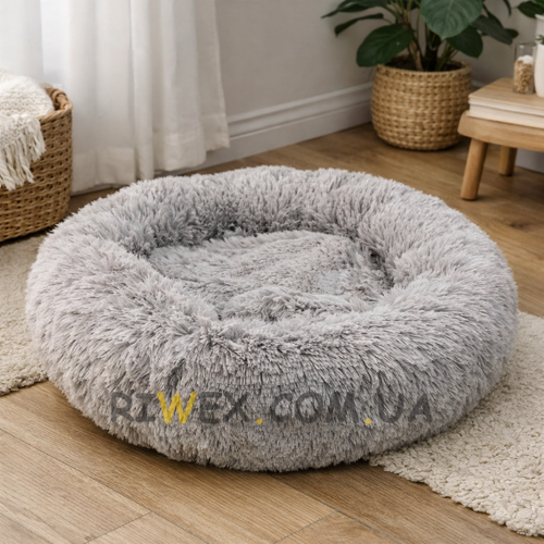 Пушистая круглая лежака пуфик для животных, собак, кошек MA819 50см Серый (ARSH)