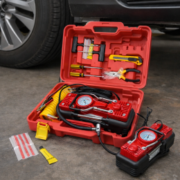 Двухпоршневой аккумуляторный автомобильный компрессор с набором инструментов в кейсе MA810 Красный (ARSH)