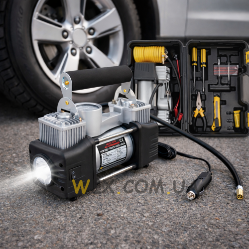 Автомобільний акумулятолрний компресор з набором інструментів у кейсі  MA608 Чорний (ARSH)