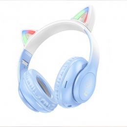 Беспроводные детские накладные наушники Bluetooth, складные HOCO W42 Cat Ears «Кошачьи ушки» Голубой (206/93708)