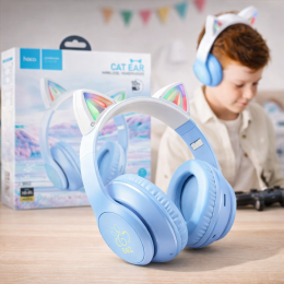 Беспроводные детские накладные наушники Bluetooth, складные HOCO W42 Cat Ears «Кошачьи ушки» Голубой (206/93708)