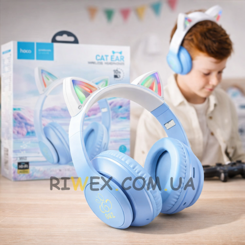 Беспроводные детские накладные наушники Bluetooth, складные HOCO W42 Cat Ears «Кошачьи ушки» Голубой (206/93708)