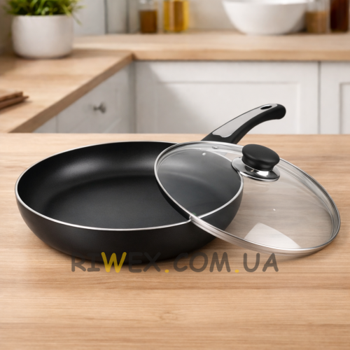 Алюмінієва кухонна сковорода з антипригарним покриттям, індукційне дно, скляна кришка MR-1203-24 24 см (235)