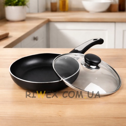 Алюмінієва кухонна сковорода з антипригарним покриттям, індукційне дно, скляна кришка MR-1203-22 22 см (235)