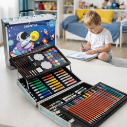 Набір для творчості, малювання (олівці, фарби, маркери) в кейсі "Космонавт" 145 шт. предметів алюмінієва валіза Синій (509/4658)