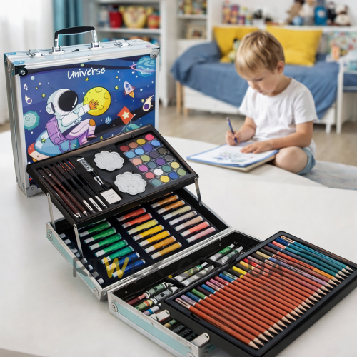 Набір для творчості, малювання (олівці, фарби, маркери) в кейсі "Космонавт" 145 шт. предметів алюмінієва валіза Синій (509/4658)