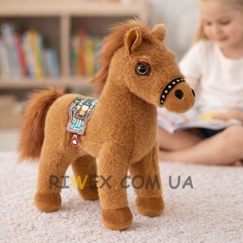 М'яка плюшева іграшка Кінь 22,5 см з сідлом, Коричневий (OX)