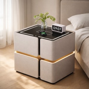 Сучасна приліжкова тумба SZXF01 з екошкіри з підсвіткою LED, Bluetooth колонкою та зарядкою Qi, Білий (Х59/17584)