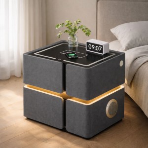 Сучасна приліжкова тумба SZXF01 з екошкіри з підсвіткою LED, Bluetooth колонкою та зарядкою Qi, Сірий (Х59/17584)