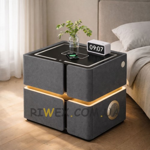 Сучасна приліжкова тумба SZXF01 з екошкіри з підсвіткою LED, Bluetooth колонкою та зарядкою Qi, Сірий (Х59/17584)