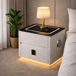Тумба приліжкова QYJXF02 з LED підсвіткою, Bluetooth аудіо, USB, бездротова зарядка, екошкіра, Білий (Х59/17586)