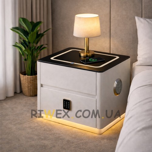 Тумба приліжкова QYJXF02 з LED підсвіткою, Bluetooth аудіо, USB, бездротова зарядка, екошкіра, Білий (Х59/17586)