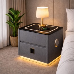 Тумба приліжкова QYJXF02 з LED підсвіткою, Bluetooth аудіо, USB, бездротова зарядка, екошкіра, Сірий (Х59/17587)