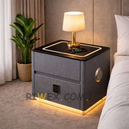 Тумба приліжкова QYJXF02 з LED підсвіткою, Bluetooth аудіо, USB, бездротова зарядка, екошкіра, Сірий (Х59/17587)
