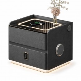 Приліжкова тумба YJXF01 з екошкіри Сіра, Bluetooth колонка, бездротова зарядка, LED підсвітка, USB (Х59/17591)
