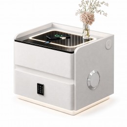 Приліжкова тумба YJXF01 з екошкіри Біла, Bluetooth колонка, бездротова зарядка, LED підсвітка, USB (Х59/17590)