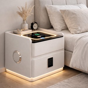 Приліжкова тумба YJXF01 з екошкіри Біла, Bluetooth колонка, бездротова зарядка, LED підсвітка, USB (Х59/17590)