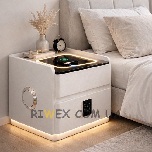 Приліжкова тумба YJXF01 з екошкіри Біла, Bluetooth колонка, бездротова зарядка, LED підсвітка, USB (Х59/17590)