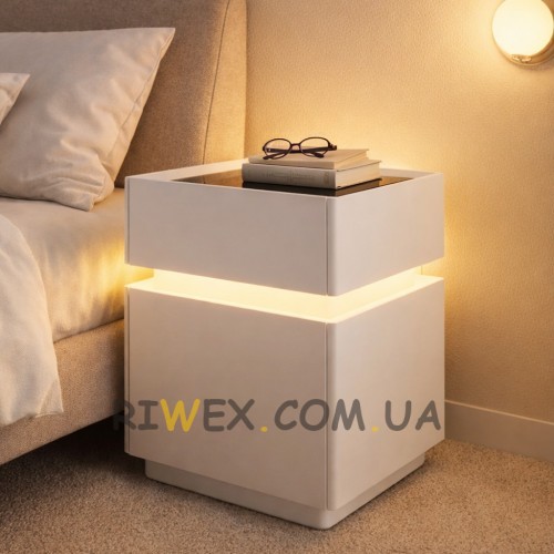 Тумба приліжкова XXF02 екошкіра з замком, LED підсвіткою та бездротовою зарядкою, Біла(Х59/17592)