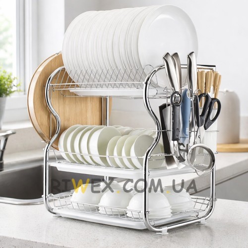 Кухонная сушилка для посуды настольная 3-ярусная с поддонами и секцией для столовых приборов (626/VENH6)