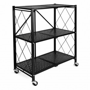 Мобільний стелаж на 3 рівні складаний металевий на колесах, Чорний (626/SAM-018-С45/2)