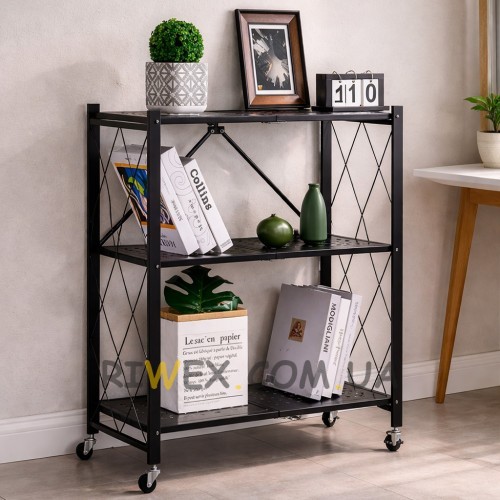 Мобільний стелаж на 3 рівні складаний металевий на колесах, Чорний (626/SAM-018-С45/2)