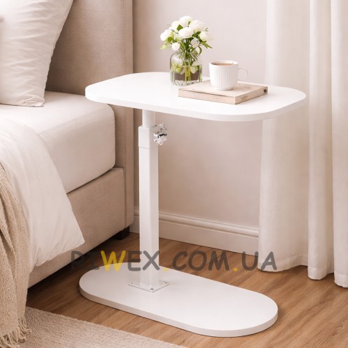 Компактний приставний С-подібний журнальний столик трансформер, висота 45-80см, Білий(626/VEN-1397-С45/2)