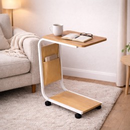 Столик  прикроватный С-образный мобильный журнальный на колесах компактный, Светлое дерево (626/VEN-1394)
