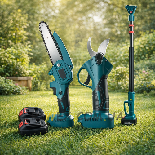 Комплект садових приладів з подовженою ручкою TANU пила, секатор та подовжена ручка 3в1 в кейсі 96 Vh