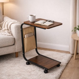 Столик приліжковий С-подібний мобільний журнальний на колесах компактний, Темне дерево (626/VEN-1394)