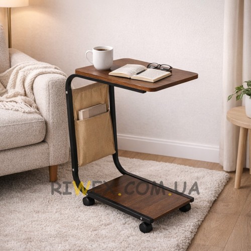 Столик приліжковий С-подібний мобільний журнальний на колесах компактний, Темне дерево (626/VEN-1394)