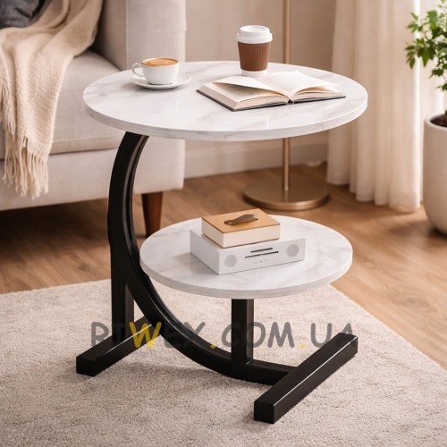 Дворівневий журнальний столик білий мармур 40×30×60 см компактний приліжковий сучасний (626/VEN-1393-С45/2)
