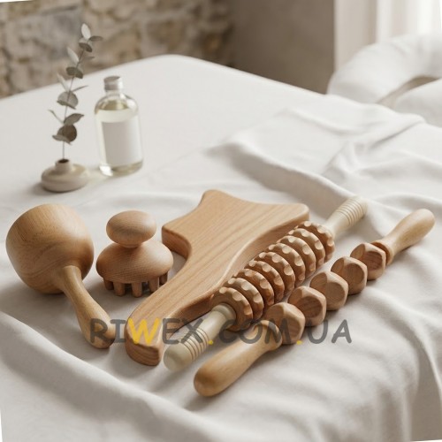 Дерев'яні масажери 5 шт для масажу тіла, набір для мадеротерапії та догляду за шкірою (626/VEN-1414-С45/2)