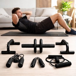 Универсальный набор тренажеров 7в1 для тренировок дома эспандеры ролик пресса упоры(626/VEN-1421-С45/2)