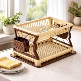 Сушилка для посуды Plast двухъярусная пластиковая с поддоном 43×29 см на 19 тарелок, Бежево-коричневый (DRK)