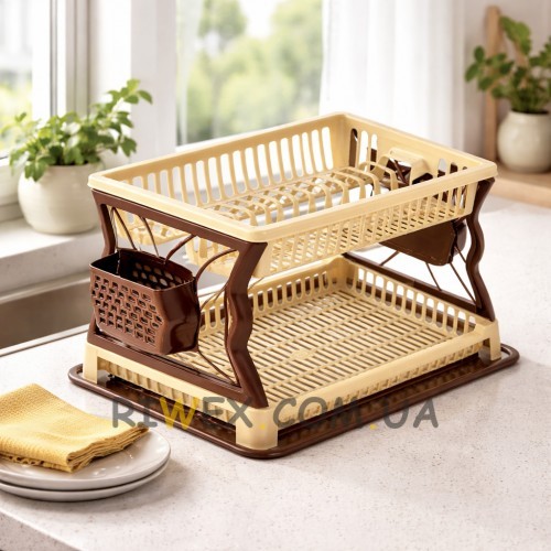 Сушарка для посуду Plast двоярусна пластикова з піддоном 43×29 см на 19 тарілок, Бежево-коричневий (DRK)