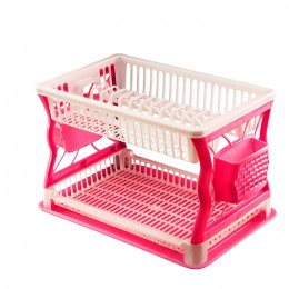 Сушилка для посуды Plast двухъярусная пластиковая с поддоном 43×29 см на 19 тарелок, Молочно-малиновый (DRK)