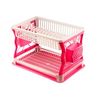 Сушарка для посуду Plast двоярусна пластикова з піддоном 43×29 см на 19 тарілок, Молочно-малиновий (DRK)