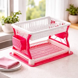 Сушилка для посуды Plast двухъярусная пластиковая с поддоном 43×29 см на 19 тарелок, Молочно-малиновый (DRK)