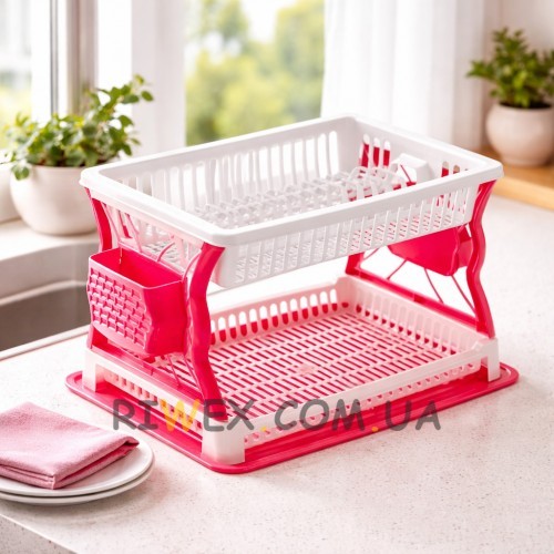 Сушарка для посуду Plast двоярусна пластикова з піддоном 43×29 см на 19 тарілок, Молочно-малиновий (DRK)